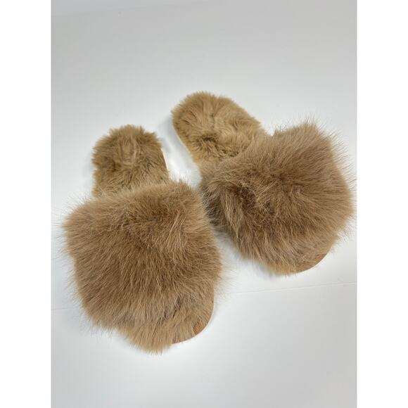 Fur Brown Tan Slip on slippers Womens 9-10 - Picture 1 of 4